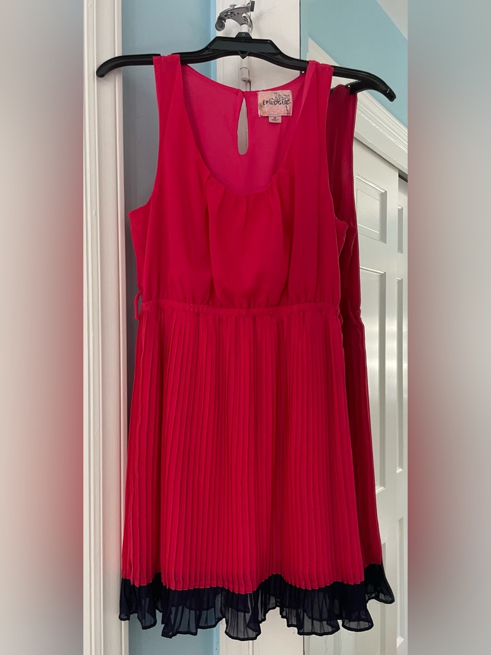 Sleeveless Dark Pinky/Coral Pleated Dress with Contrast Navy Hem & Belt